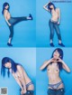 A series of four pictures of a woman with blue hair.